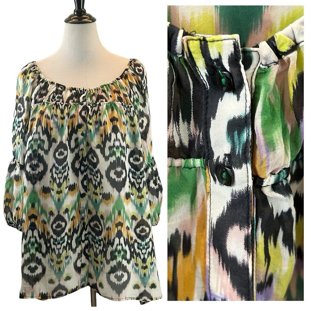 VANESSA VIRGINIA Anthropologie BLOUSE TOP XL Silk Boho Indie Artsy Ikat Flowy